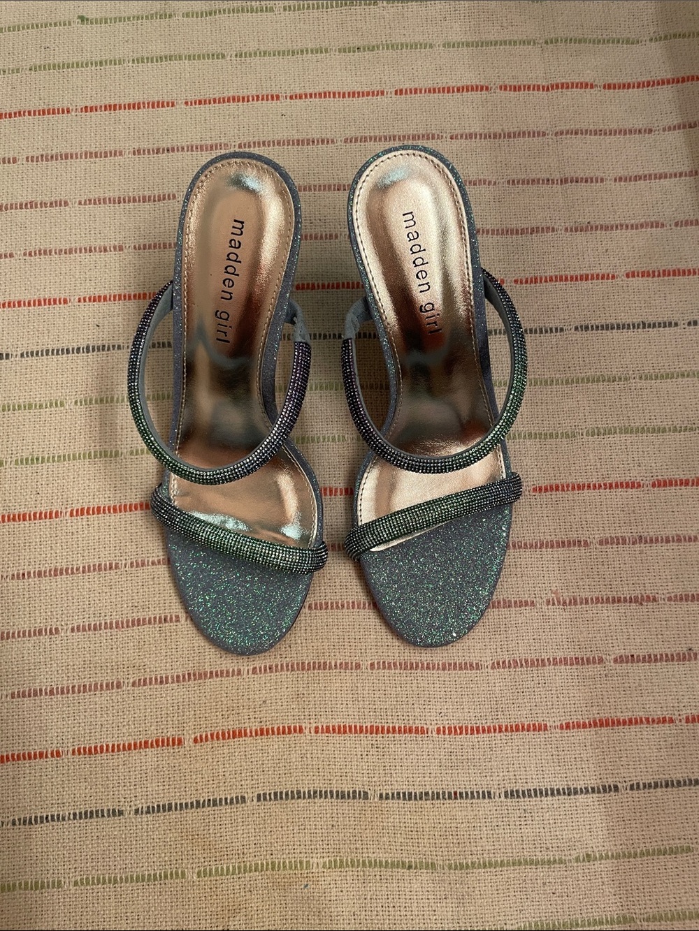 Madden Girl Iridescent Glitter Heeled Slide Sandals - Blue Green
